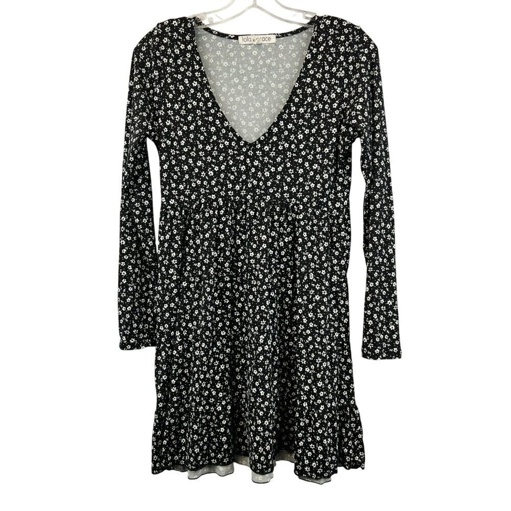 Lola Grace Women’s Floral Mini Dress A-Line Long Sleeve Black/White Size XS